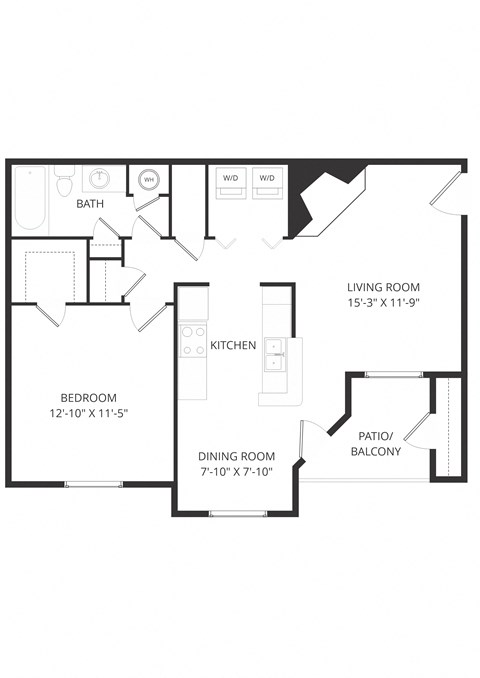 Floor plan for 1 bed, 1 bath, 725 sqft